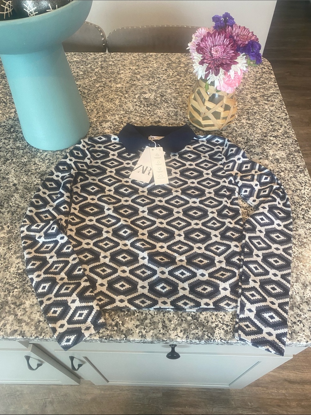 NWT ZARA geometric Diamond patterned polo shirt